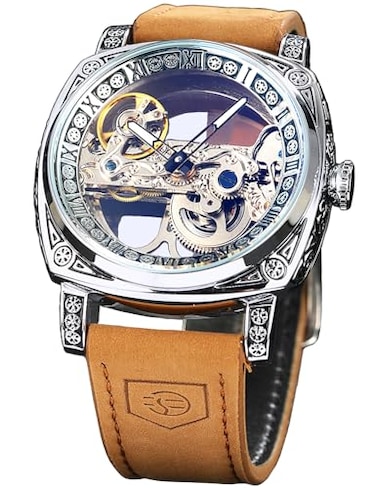 FORSINING Mens Luxury Square Carving Mechanical Watch Retro Totem Double Sided Hollow Skeleton SelfWind Automatic Watches Vintage Leather Strap Wristwatch Silver
