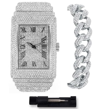 ICE STAR Mens 40mm Fully Iced Out Watch Bracelet Set Rectangle Case Silver Dial Cuban Bracelet