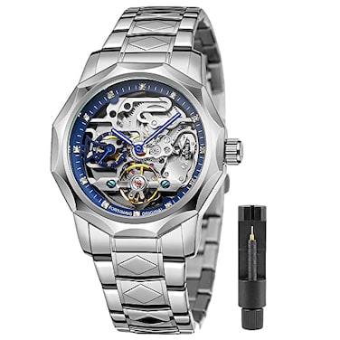 Tiong Polygonal Design Silver Blue Automatic Mechanical Watch No Battery Fashion Business Watch for Men