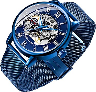 Dentily Mens Skeleton Watch Classic Roman Numeral Steampunk Mechanical Watch HandWind Mens Watches Blue