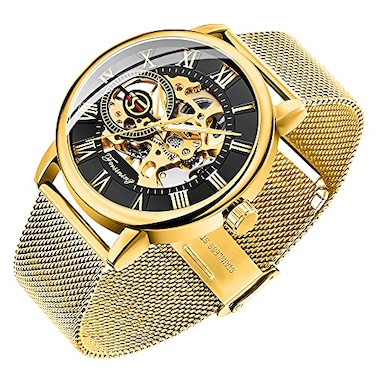 Dentily Classic Mens Watches Roman Numeral Mechanical Watch HandWind Skeleton Steampunk Watch for Men GoldBlack