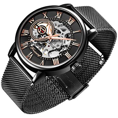 Dentily Mens Watches Mechanical HandWind Roman Numeral Skeleton Steampunk Watch for Men