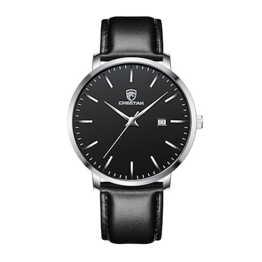 CHEETAH Minimalist Waterproof Quartz Watches for Men with SilverTone Case Auto Date Leather Strap in Black