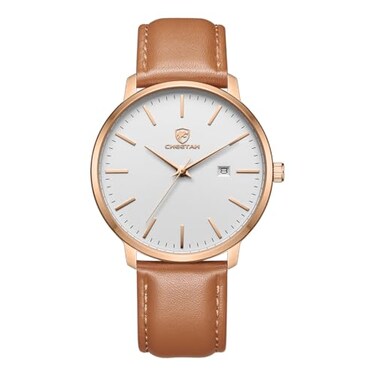 CHEETAH Minimalist Waterproof Auto Date Quartz Watches for Men with Leather Strap Rose GoldTone Case