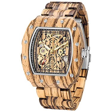 Dentily Mechanical Wooden Watch Rectangle Automatic Movement Mens Wooden Watch SelfWinding Watches for Men