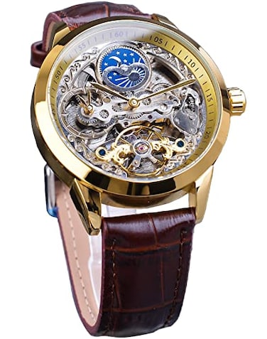 FORSINING Mens Skeleton Moon Phase Watch Mechanical SelfWind Tourbillon Dual Time Zone Watches Automatic Luxury Leather Strap Large Dial Wristwatch Gold