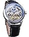 FORSINING Mens Skeleton Moon Phase Watch Mechanical SelfWind Tourbillon Dual Time Zone Watches Automatic Luxury Leather Strap Large Dial Wristwatch Blue