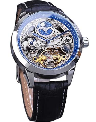 FORSINING Mens Skeleton Moon Phase Watch Mechanical SelfWind Tourbillon Dual Time Zone Watches Automatic Luxury Leather Strap Large Dial Wristwatch Blue