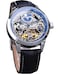 FORSINING Mens Skeleton Moon Phase Watch Mechanical SelfWind Tourbillon Dual Time Zone Watches Automatic Luxury Leather Strap Large Dial Wristwatch Blue