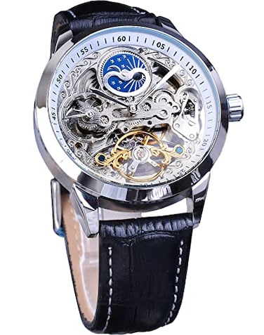 FORSINING Mens Skeleton Moon Phase Watch Mechanical SelfWind Tourbillon Dual Time Zone Watches Automatic Luxury Leather Strap Large Dial Wristwatch White
