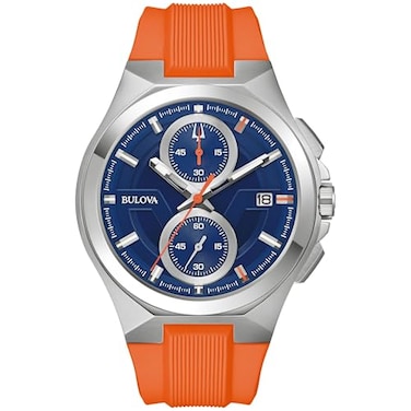 Bulova Marc Anthony Sport Strap Quartz Watch Stainless Steel Sapphire Crystal Orange and Blue