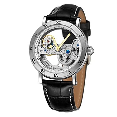 FORSINING Mens Unique Design Luxury Automatic Movt Popular Style Genuine Leather Strap Skeleton Watch Black and White