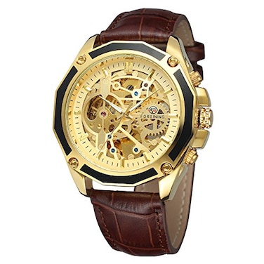 FORSINING Mens Skeleton Mechanical Watch Reloj Automatic Movtment Male Clock with Genuine Leather Strap