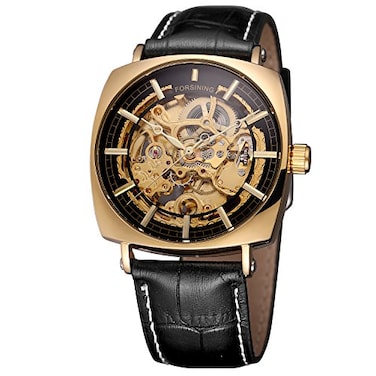 FORSINING Mens Mechanical SelfWinding Skeleton Analogue Dial Trendy Watch with Leather Strap