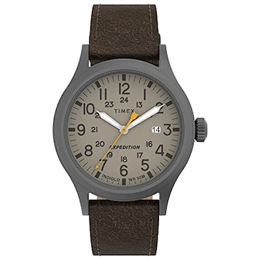 Timex Mens Expedition Scout 40mm Watch Gunmetal Case Khaki Dial with Dark Brown Leather Strap