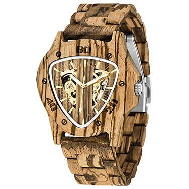 Dentily Mens Mechanical Watch Triangle Racing Dial Watch Automatic Movement Wooden Watches for Men