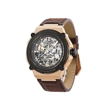 SURVAN WatchDesigner Mens Luxury Automatic Mechanical Skeleton Watch 47mm Silver Case Brown Leather Strap Water Resistant No Battery Needed Pure Mechanical Power