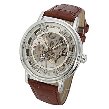 SEWOR Mens Mechanical Skeleton Transparent Vintage Style Leather Wrist Watch