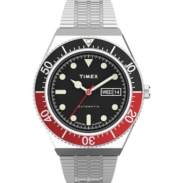 Timex Mens M79 Automatic 40mm Watch SilverTone Case Black Dial RedBlack Top Ring with Stainless Steel Bracelet