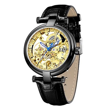 CARLIEN Skeleton Automatic Steampunk Watches GoldTone Luminous Hands Leather Strap WristWatch Black