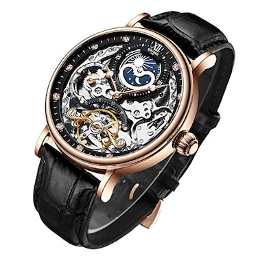 IK COLOURING Mens Luxury Skeleton Automatic Mechanical Wrist Watches Leather Moon Phrase Luminous Hands SelfWind Watch Gold