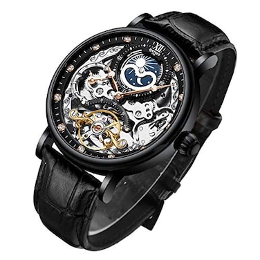 IK COLOURING Mens Luxury Skeleton Automatic Mechanical Wrist Watches Leather Moon Phrase Luminous Hands SelfWind Watch