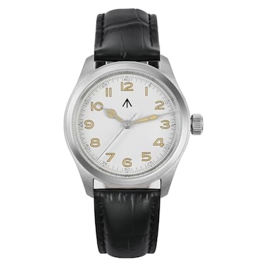 TACTICAL FROG Militado ML08 Field Watch for Men 38mm VH31 Sweeping Second Quartz Watch Sapphire Crystal 100M Water Resistant Screw Down Crown Black Leather Strap White Dial YellowHand