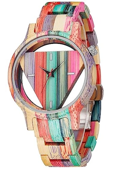 Dentily Natural Colorful Bamboo Watch Mens Womens UniqueTriangular Wooden Watches Mens Creative Hollow dial Bamboo Watch