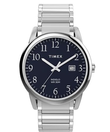 Timex Mens Easy Reader 40mm Watch SilverTone Expansion Band Blue Dial SilverTone Case