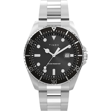 Timex Mens Diver Inspired 42mm Watch SilverTone Bracelet Black Dial SilverTone Case