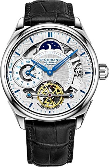 Stuhrling Original Stuhrling Mens Automatic Dress Watch Stainless Steel with Automatic Skeleton Mechanical Movement Duel Time SubDial and AMPM Indicator and Alligator Embossed Leather Strap