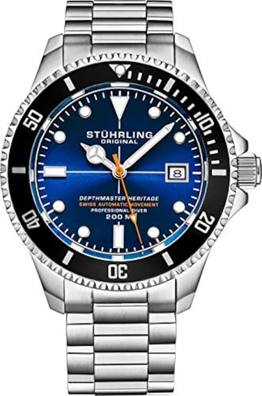 Stuhrling Original Mens Swiss Automatic Stainless Steel Professional DEPTHMASTER Dive Watch 200 Meters Water Resistant Brushed and Beveled Bracelet with Divers Safety Clasp and Screw Down Crown