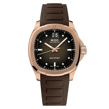 MIDO Multifort TV Big Date Swiss Automatic Watch for Men 40mm Case Brown Dial Brown Rubber Strap M0495263729100