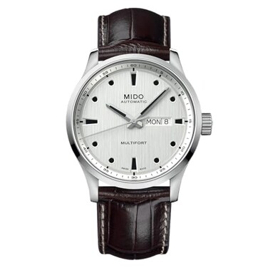 MIDO Multifort M Automatic Mens Watch Silver Dial 42mm Stainless Steel Case Brown Leather Strap M0384301603100