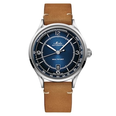 MIDO Multifort Patrimony Swiss Automatic Watch for Men Blue Dial Case 40mm Stainless Steel Tan Leather Strap M0404071604000