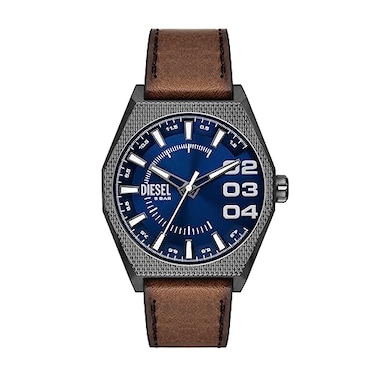 Diesel Scraper Stainless Steel and Leather ThreeHand Analog Mens Watch Color Gunmetal Brown Model DZ2189