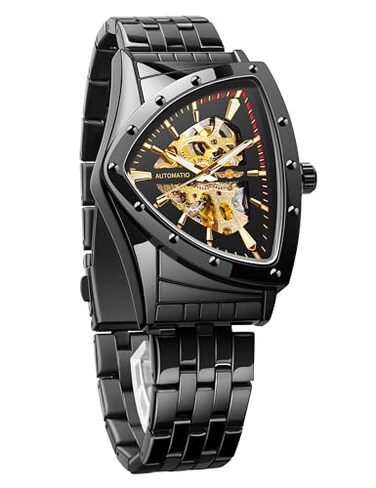 FORSINING Triangular Gold Shield Automatic Mechanical Watch Oversized Dial Fully Hollowed Out Dial Design Automatic Movement 21MM Wide Soft Silicone Strap Strong and Durable