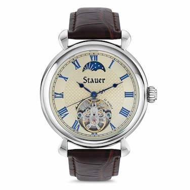 Stauer Copernicus Open Heart Automatic Watch for Men 42mm Case Guilloch Face and Blue Roman Numeral Hands SunMoon Dial and Brown Leather Strap