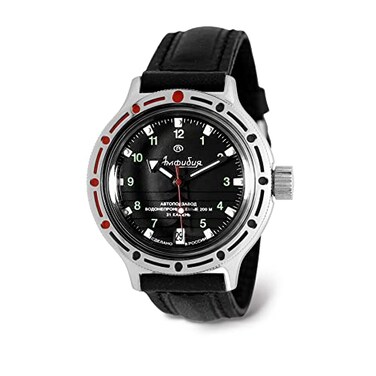 VOSTOK Amphibia 420269 Automatic Mechanical Diver Watch Black Leather Band