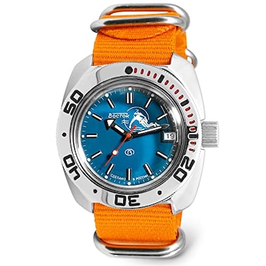 VOSTOK Amphibia 710059 Scuba Dude Automatic SelfWinding Diver Wrist Watch Orange Strap