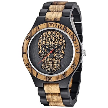 Dentily Mens Wood Watches Handmade Woooden Analog Quartz Skull Face Pattern Wooden Watch