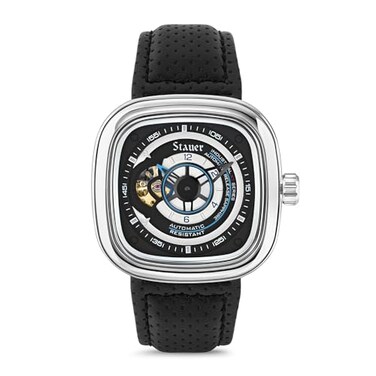 Stauer Square Skeleton Automatic Watch for Men 44mm Silver Cushion Case Black Open Heart Dial 21Jewel Mechanical Movement Leather Strap