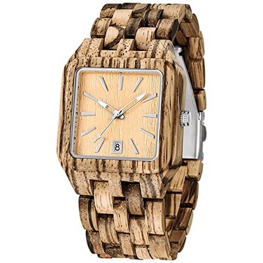 Dentily Mens Wooden Watches Handmade Wood Date Display Analog Quartz Wristwatch