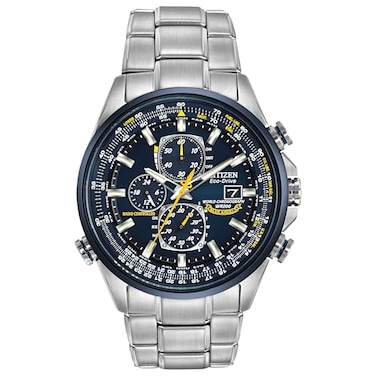 CITIZEN Mens EcoDrive Sport Luxury World Chronograph Atomic Time Keeping Watch in Stainless Steel Blue Dial Model AT802054L