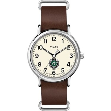Timex Mens NHL Weekender 40mm Watch Dallas Stars with Brown Genuine Leather SlipThru Strap