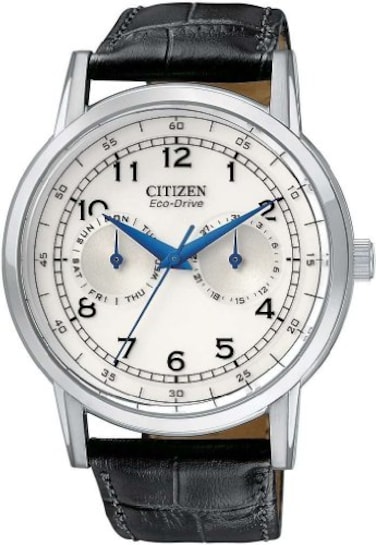 Citizen Mens EcoDrive Corso Classic Watch in Stainless Steel with Black Leather Strap Ivory Dial 42mm Model AO900006B