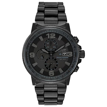 Citizen Mens EcoDrive Weekender Nighthawk Chronograph Watch in Black IP Stainless Steel Black Dial Model CA029558E