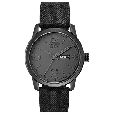Citizen Mens EcoDrive Weekender Garrison Field Watch Stainless Steel Black Ion Plating with Black Nylon Strap Navy Dial Model BM847801L