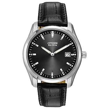 Citizen Mens Classic EcoDrive Leather Strap Watch Date Luminous Hands and Markers Black Dial Black StrapStainless Steel