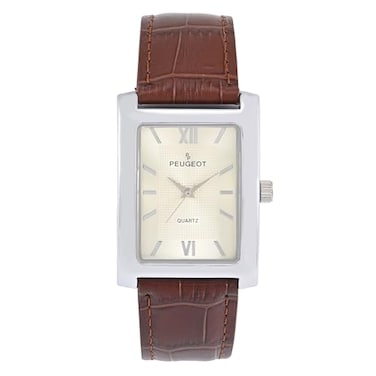 Peugeot Mens Rectangular Textured Roman Numeral Dial Classic Dress Wrist Watch with Leather Strap Band